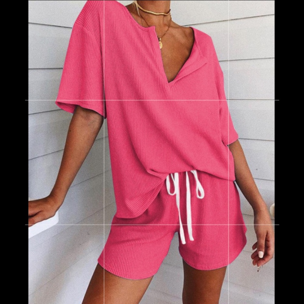 Pink V-Neck Ribbed Set